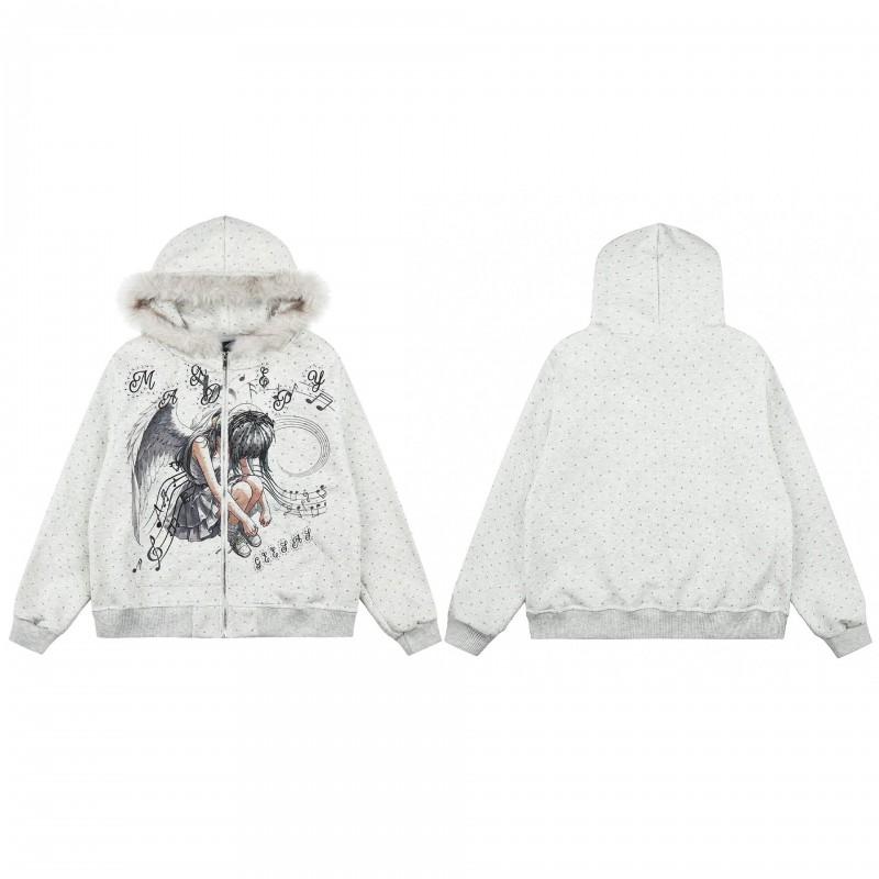 American Vintage Angel Note Print Hooded Sweatshirt Jacket Streetwear Trendy Loose Fit