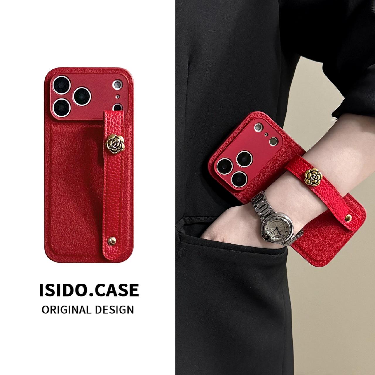 

Luxury Moon Crater Pattern Leather Camellia Wrist Strap for iPhone 7 Pro Max Case iPhone 16