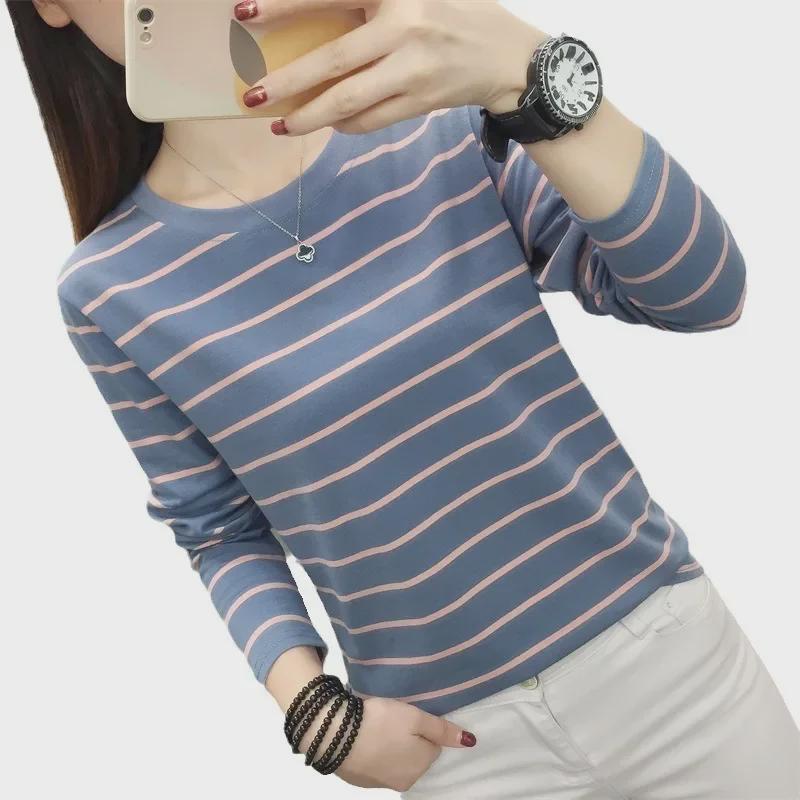 Women's Long-Sleeve Striped Cotton Top - Loose Fit, Belly-Covering, Ideal for Spring and Autumn Layering