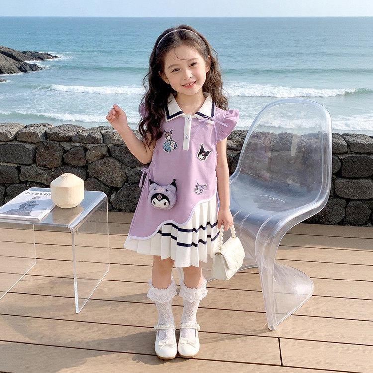 Kuromi Cartoon Summer Dress: Girls Stylish Polo Collar Sleeveless Pleated Midi Skirt 130 cm фиолетовый
