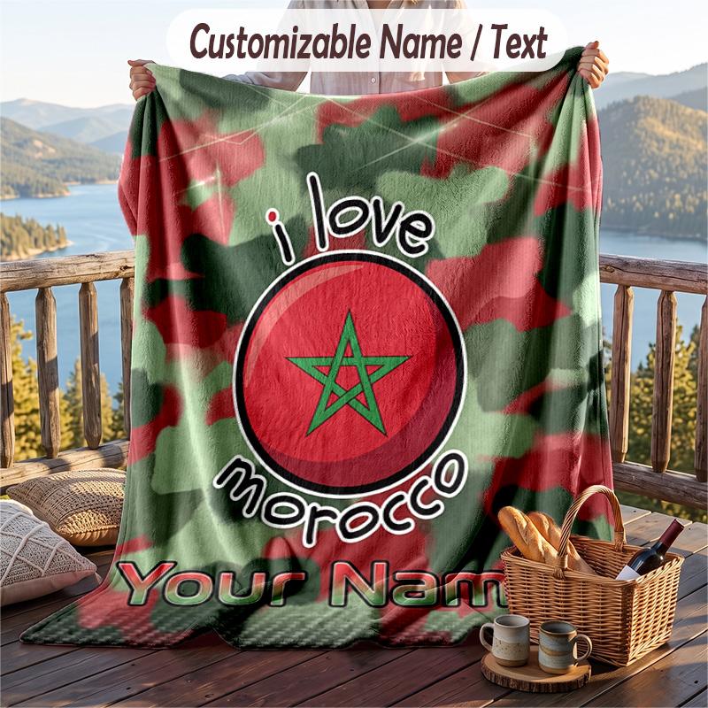Flannel Blanket Morocco Football Print Custom Name Text Soft Throw for Sofa Bed