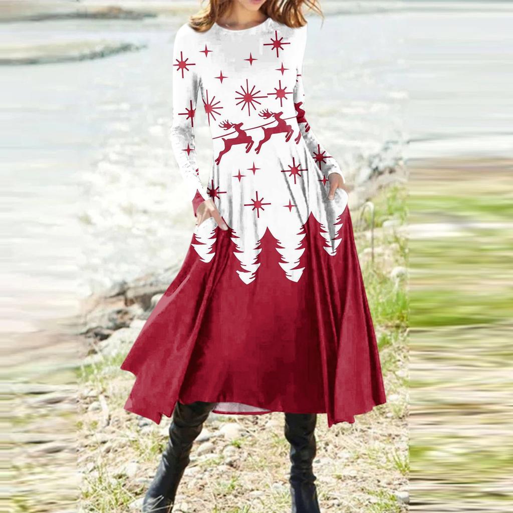 Women's Fashion Casual Christmas Printed Round Neck Pullover Slim Fitting Long Sleeve Dress