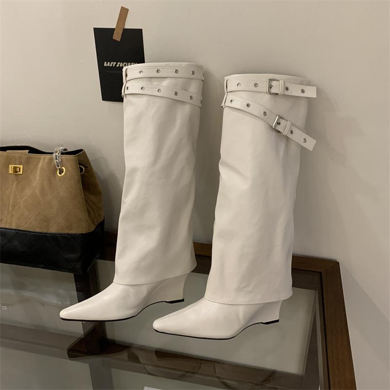 2025 European and American Pointed Wedge Heel Straight Pants Tube Boots White Belt Buckle High Boots But Knee Boots Sweet Cool Western Boots