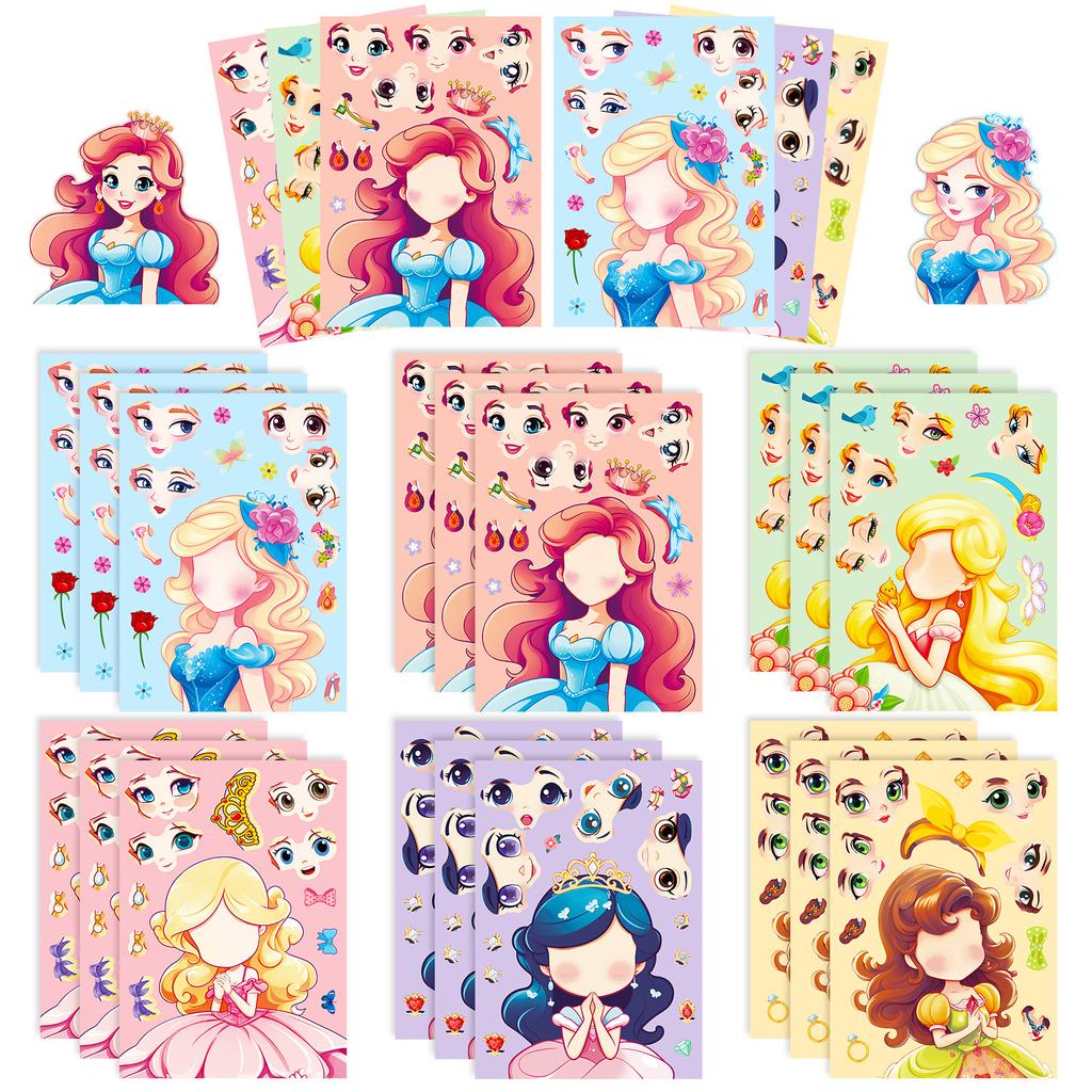 6 Packs Make A Face Children'S Princess Face Change Stickers Shrimp Skin Cartoon Educational Toy Puzzle Stickers