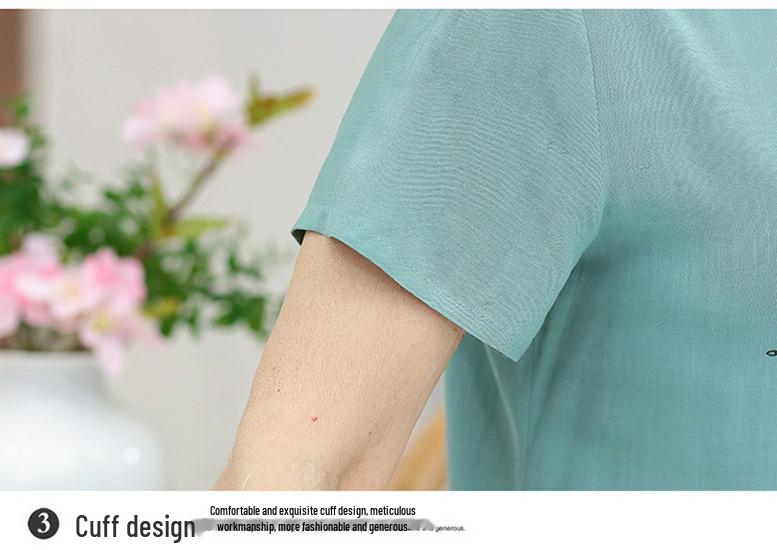 Plus Size Cotton Linen Two-Piece Set for Middle-Aged & Elderly Women: Short Sleeve, All-Cotton Silk Blend
