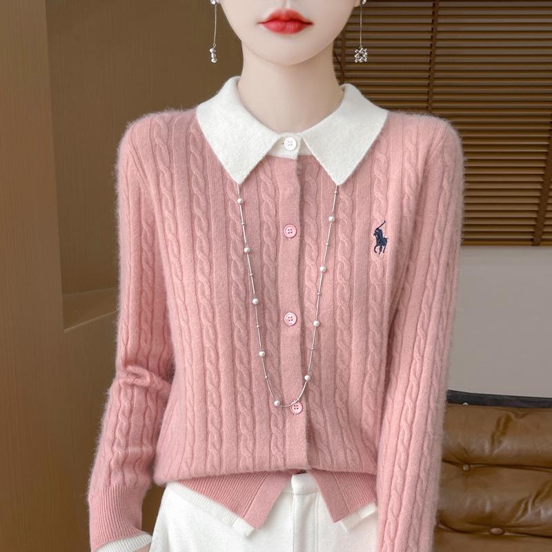2025 Autumn/Winter Women's Pure Wool Embroidered Cable Knit Cardigan - Turn-Down Collar, Long Sleeve, Button-Up, Loose Fit Outerwear.