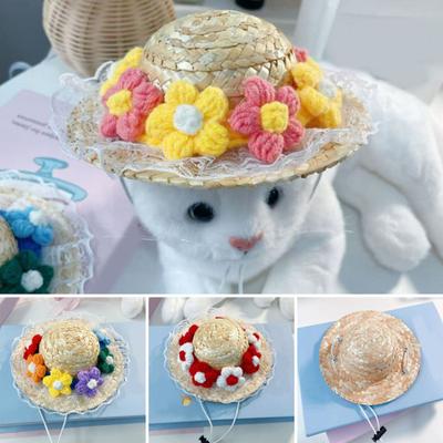 Haustier-Sombrero, Strohhut, Mini-Sonnenschutzhut für Hunde mit Blume, verstellbar, Hawaii-Sonnen-Eimerkappe, Sommer-Strandhut für kleine und mittelgroße Hunde und Katzen