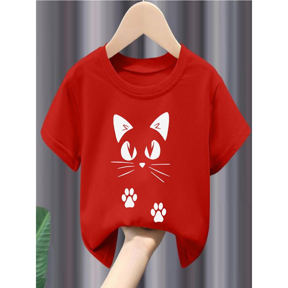 Cartoon cat print black and white short-sleeved children's T-shirt, boys' and girls' clothing