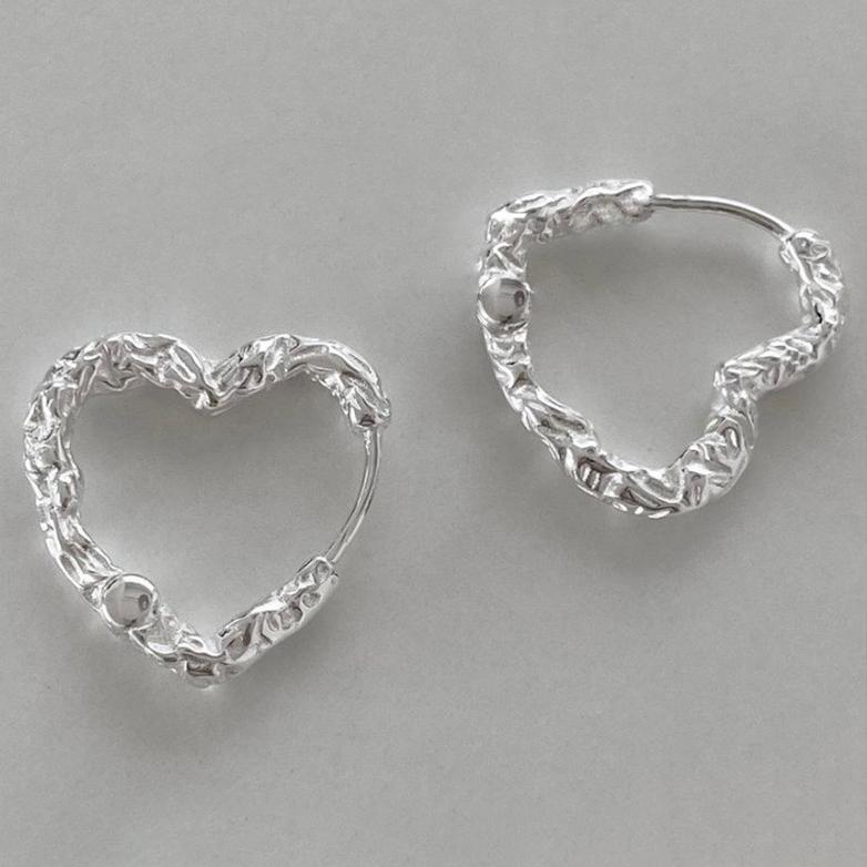 PONYKISS  Silver Minimalist Lava Surface Heart Hoop Earrings for Women Hollow Cute Fine  Accessories