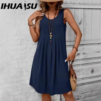 Damenmode, Sommer, Frühling, einfarbig, ärmellos, O-Ausschnitt, hohe Taille, Freizeitkleider