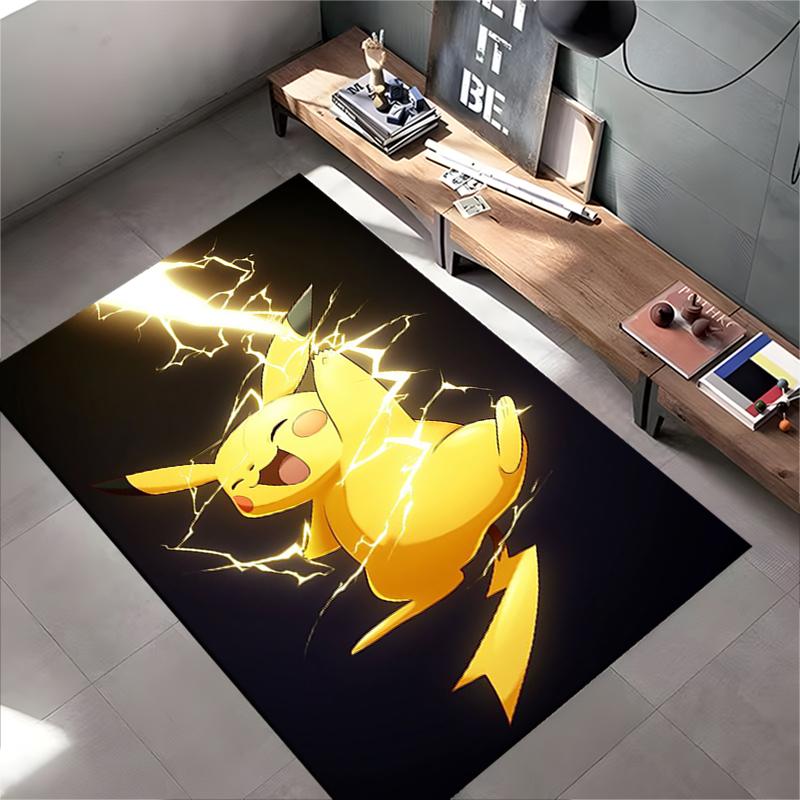 Pop Culture Area Rug, Pikachu Pokemon Yellow Lightning Thunder Anime Poster, Playroom Decor, Non-Slip Mat