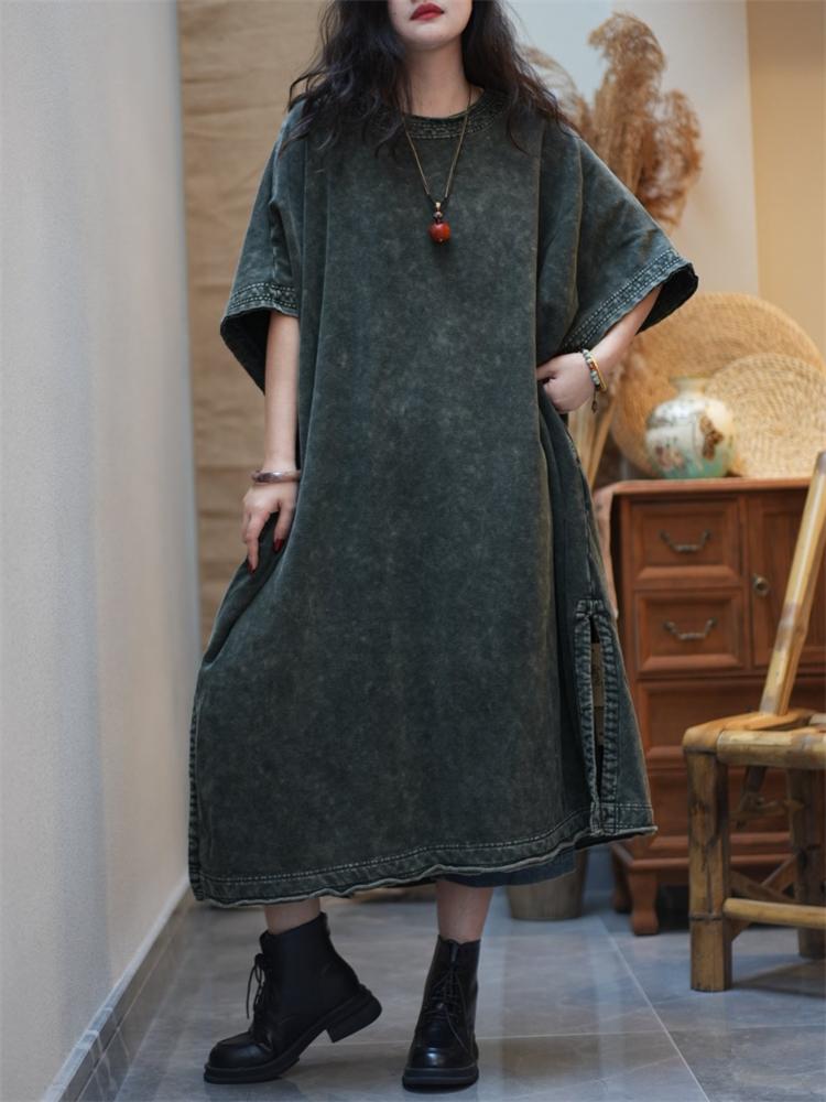 Summer New Arts Style Women O-neck Loose Vintage A-line Long Dress Side Split Design Good Quality Cotton Linen Dresses