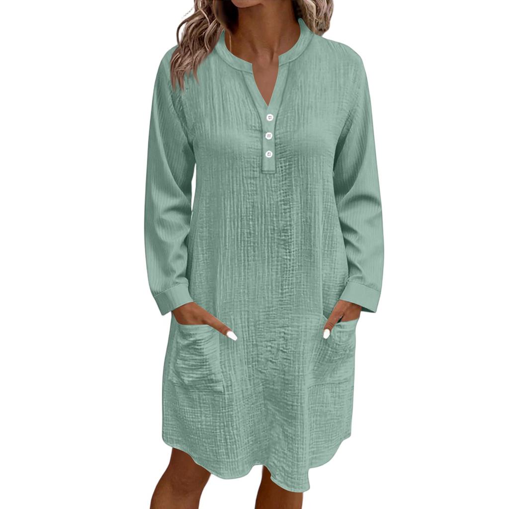Women's Casual Solid Color Loose V-Neck Button Long Sleeve Beach Dress With Pockets