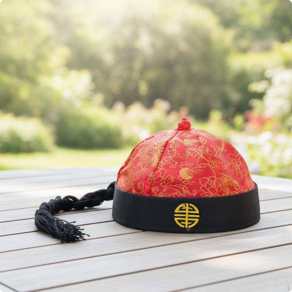 Chinese Costume Cap Traditional Ancient Satin Brocade Hat with Tassel for Entertainers,