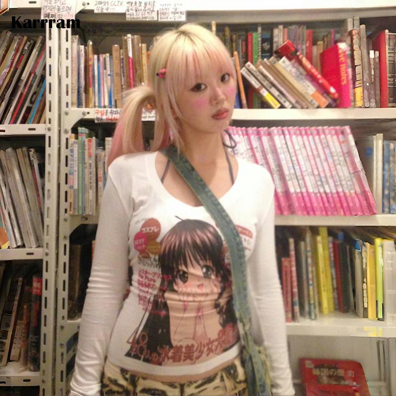 

Японская футболка с принтом аниме Y2k Футболка с длинным рукавом в стиле 2000-х годов, винтажная футболка с V-образным вырезом в стиле Харадзюку, белые топы Kawaii Lolita L