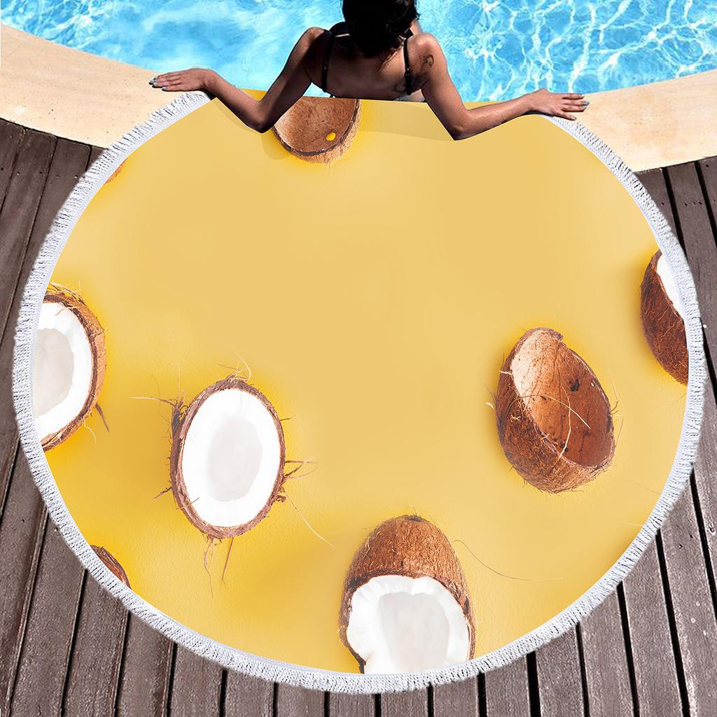 Hawaii Tropical Fruit Coconut Round Beach Towel with Tassels, Microfiber Quick Dry Absorbent Pool Towel Sand Free Beach Blanket