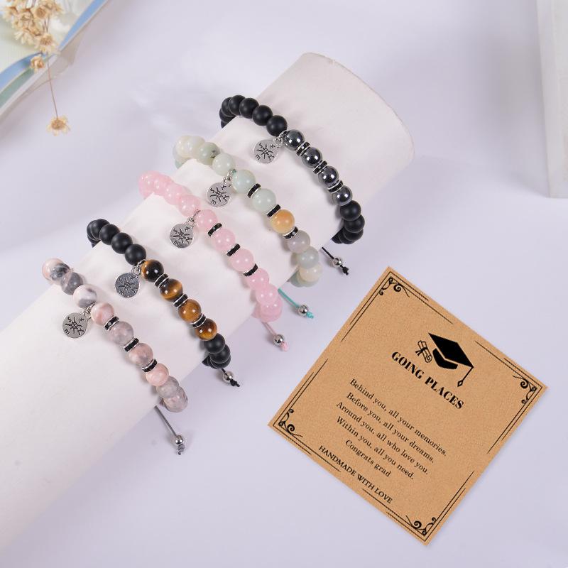 Pink Crystal Compass Bracelet: Handwoven Natural Stone, Graduation Gift