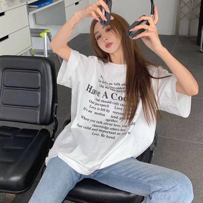Ladies Summer Short Sleeve Round Collar Casual Letter Printed Teenager Pullover Oversize Cotton T Shirt Top