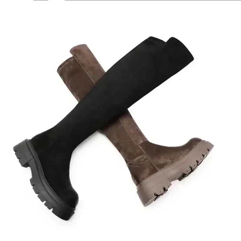 Fashion Suede Chelsea Boots Over The Knee  Women Flats Shoes Platform 2025 Winter New Round Toe Designer Gladiator Boots Goth Punk Botas