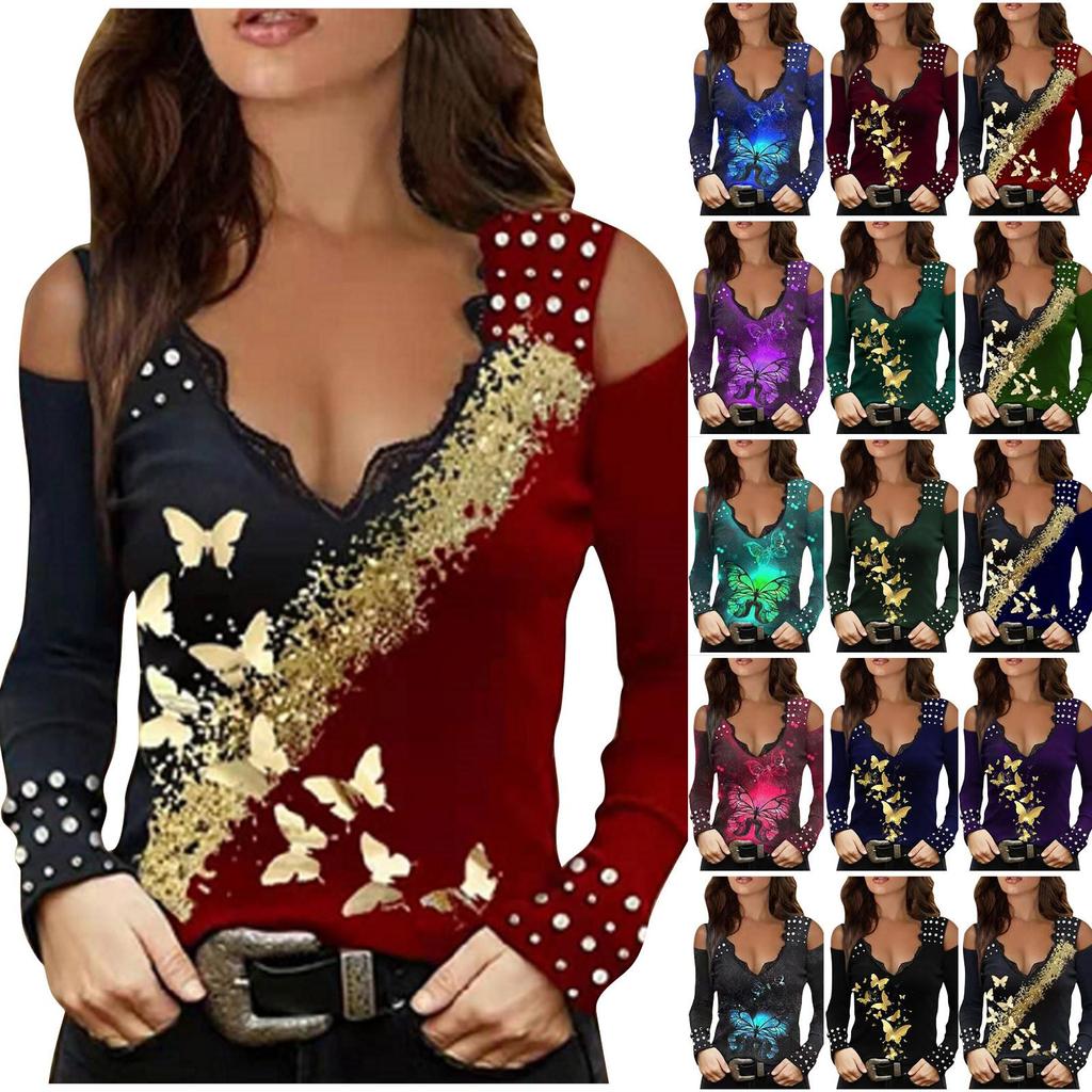 Γυναικεία Μακρυμάνικη Σέξι Μπλούζα Τοπ με Δαντέλα Στράπλες και V Λαιμόκοψη με Μοτίβο Πεταλούδας