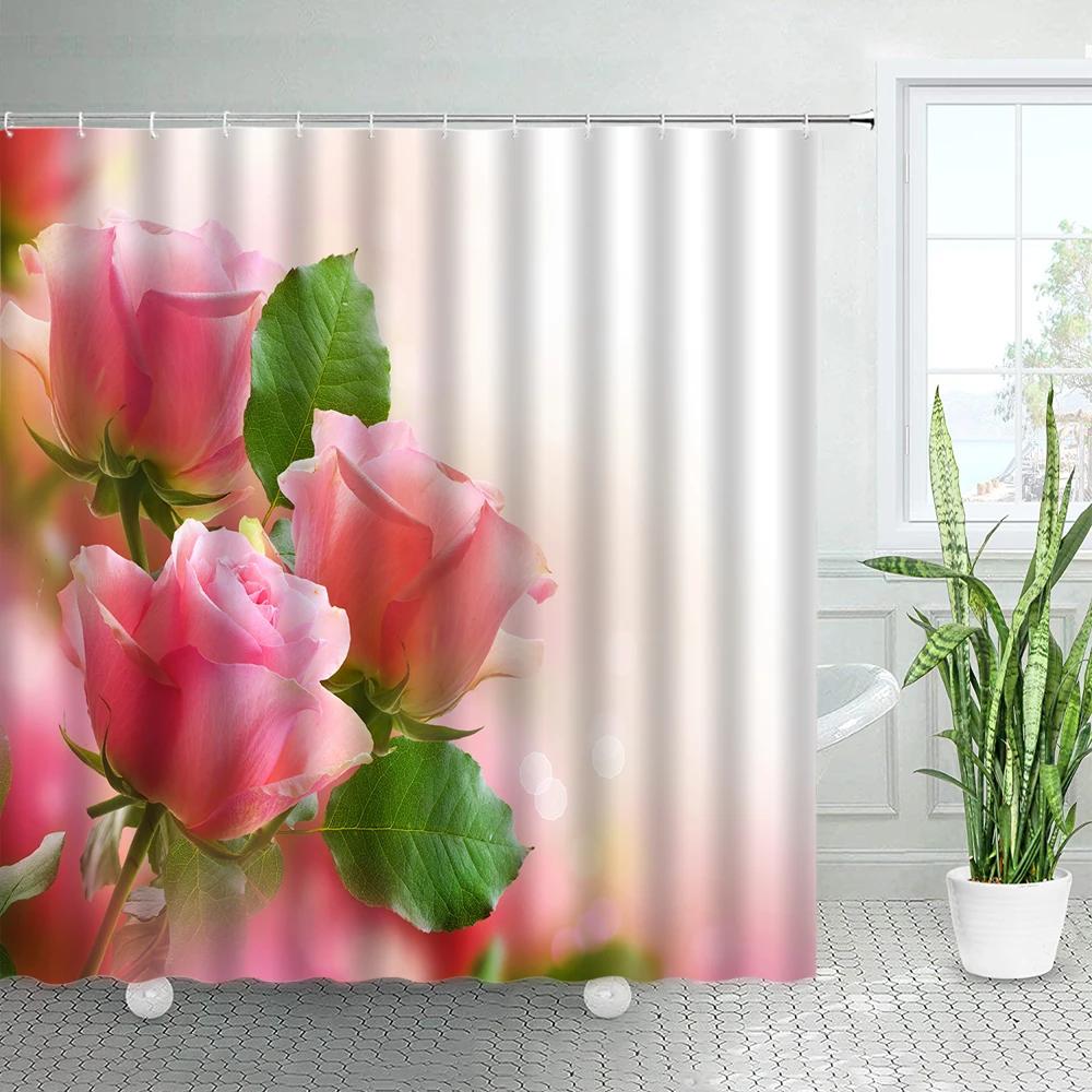 Rustic Flowers Shower Curtains Red Pink Rose Butterfly Sunflower Spring Nature Floral Bath Curtain Set Bathroom Decor with Hooks