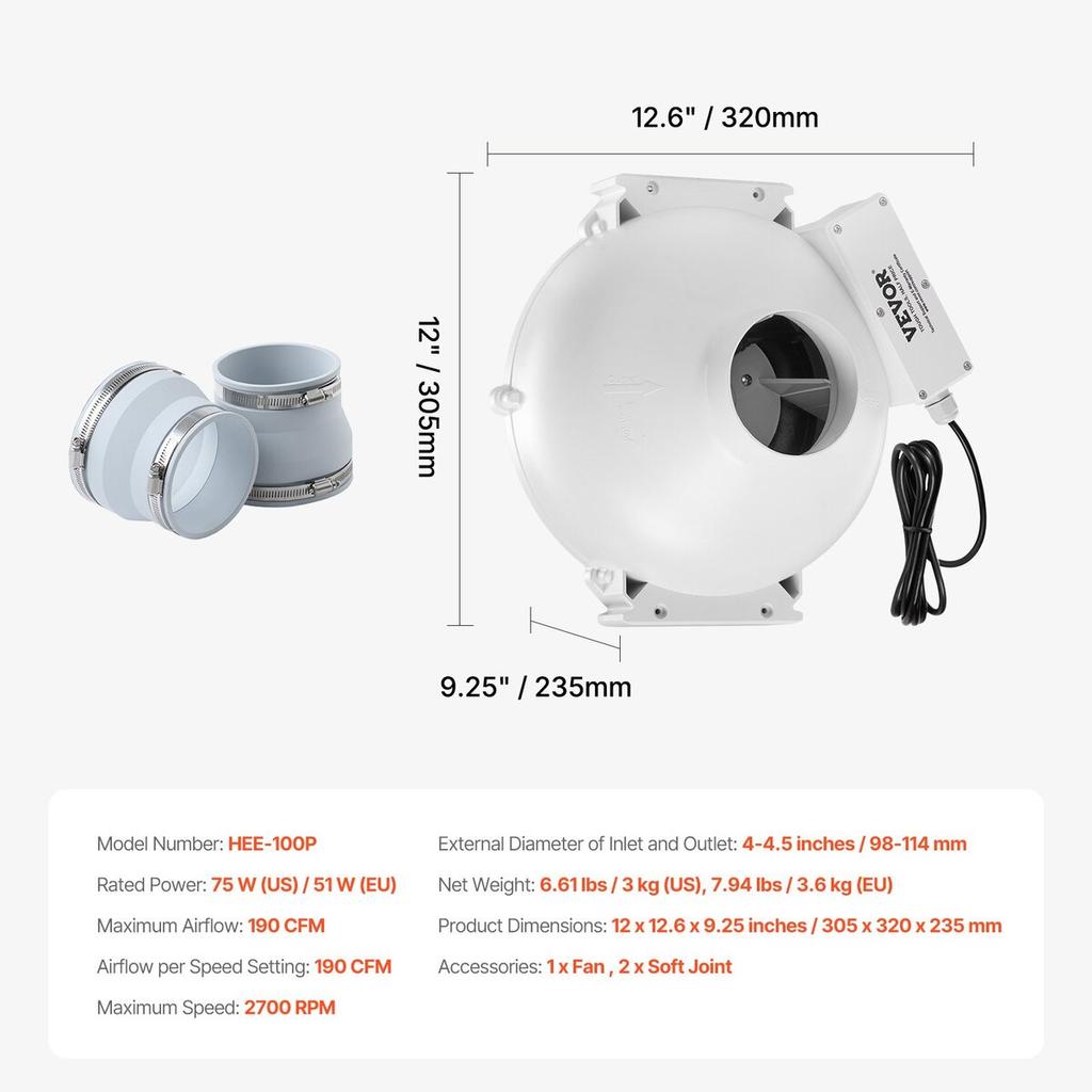 4" bis 4,5" Radon-Sanierungsgebläse System Leise 190 CFM Inline-Kanal Wasserdicht