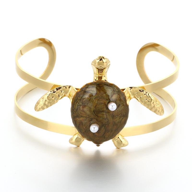 Green Owl Enamel & Sea Turtle Pearl Cuff Bracelet