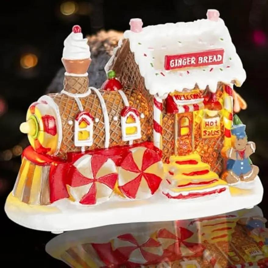 Christmas Village Accessories Decoration Gingerbread Train House Christmas Building Display Light Up Xmas Holiday Home Decor