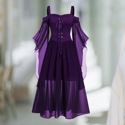 Women Dress Cold Shoulder Butterfly Sleeve Halloween Mesh Patchwork Bandage Large Hem Witch Dress for Cosplay