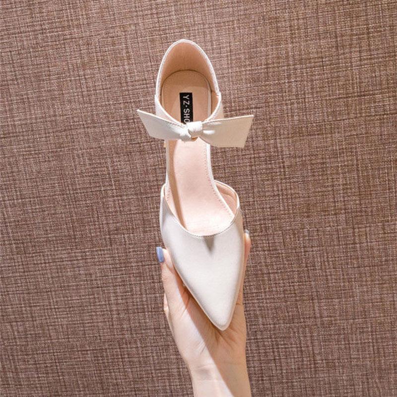 Prancūziško stiliaus aukštakulniai, fėjų bateliai, švelnūs vienviečiai bateliai, moteriški pavasario modeliai, su banteliu, smailianosiai, storu kulnu