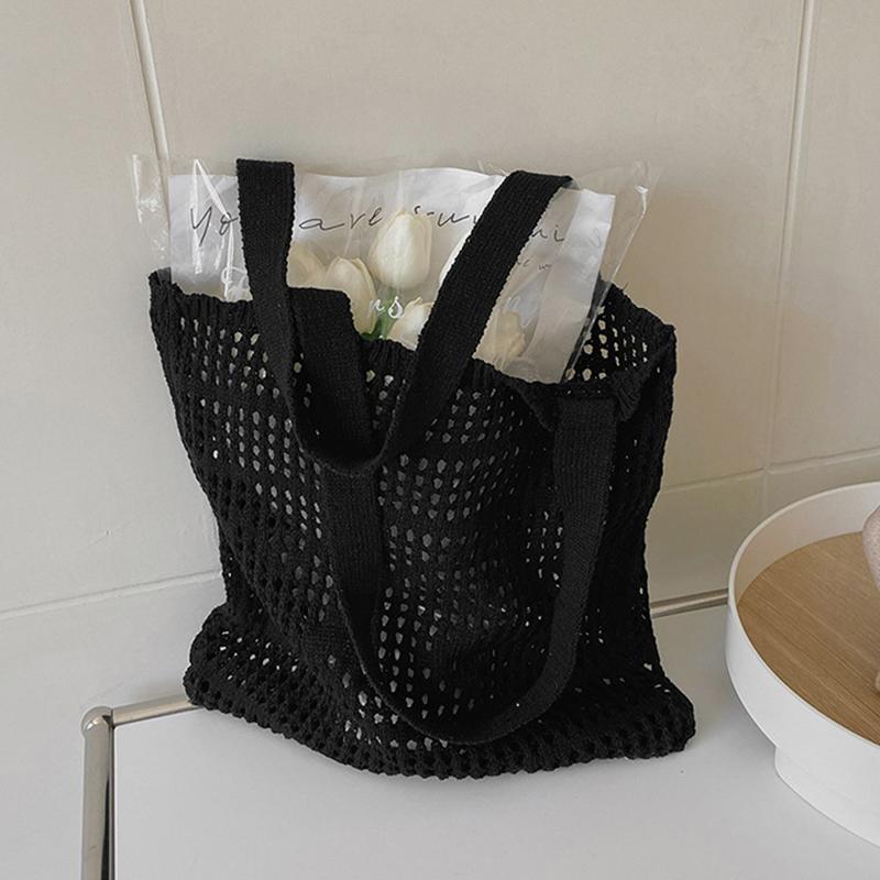 

Yogodlns Fashion Women Hollow Knitted Shoulder Beach Bag Simple Crochet Handbag Tote Designer Shopping Top-Handle Bags 34x32cm чорний