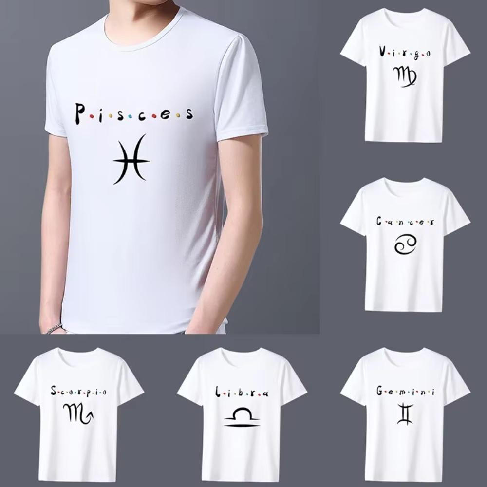 Fashion Men's Classic White T-shirt Twelve Constellation Print Pattern Series Casual Round Neck Commuter Comfortable Men's Shirt