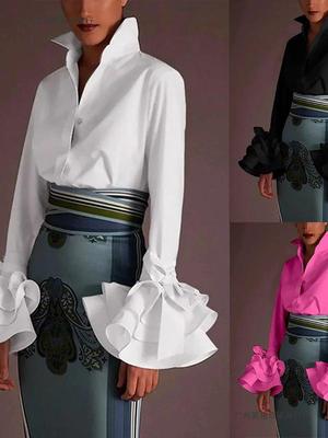 2026 European & American Autumn Women's Slim Fit Ruffle Sleeve Casual Shirt