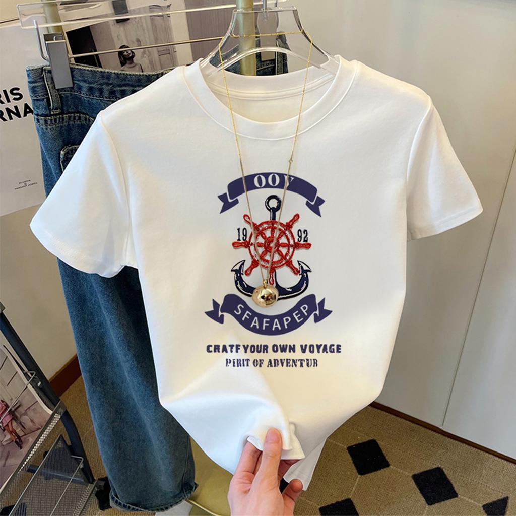 American retro white short-sleeved t-shirt women's summer half-sleeved versatile and thin loose shoulder cotton casual top ins