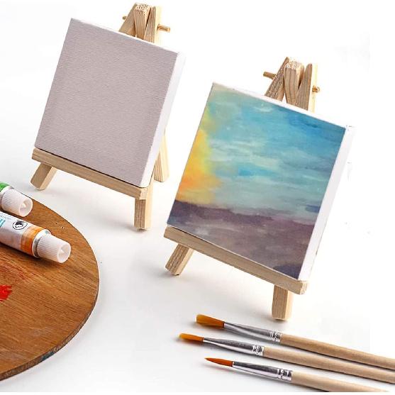 Tosnail 24 Pack 3" x 3" Mini Canvas and Easel Set, Small Art Easel Stand with Canvas Set, Tabletop Wooden Display Stand and Canvas Panels for Artist,
