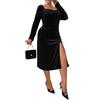 Women‘s Long Sleeve Square Collar Black Long Dress Slim Sexy Package Hip Slit Dress Temperament Fashion Plus Size Party Dress