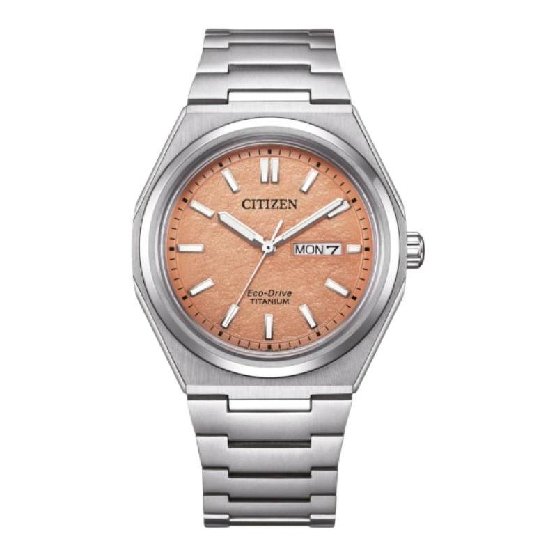 

CITIZEN 100 meters waterproof, light Quartz, super titanium strap, , men s watch, orange dial AW0130-85ZE синій