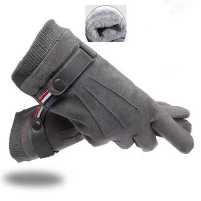 Men's Winter Suede Fleece Warm Finger Gloves Outdoor Thickened Driving Buckle Ski Male Touch-Screen Mittens