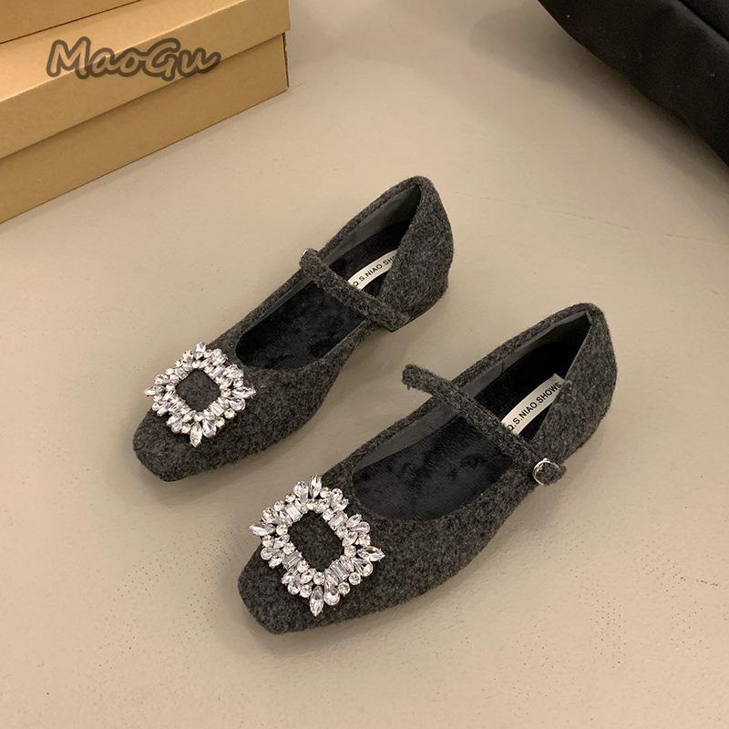 Gray Fuzzy Mary Jane Shoes Square Toe Rhinestone Mid Heel Pumps Plush Warm Chunky Heeled Shoes Elegant Zapatos De Mujer