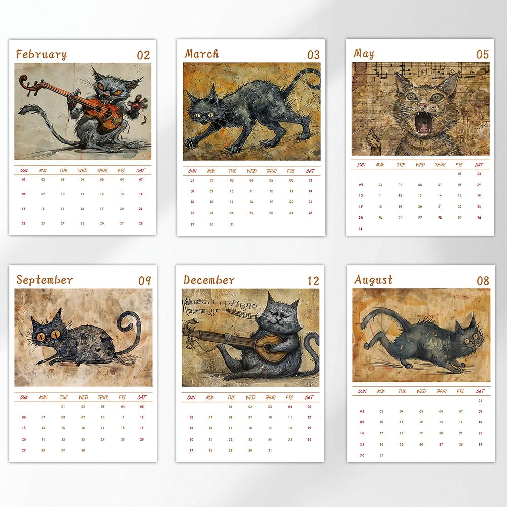 1pc Guitar-Playing Cat Wall Calendar - Pet Cat Theme, with 12 Different Designs, Suitable As a Gift for Birthdays, Christmas