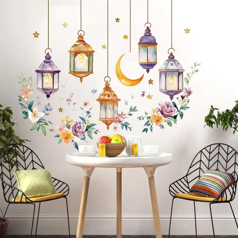 Eid Wall Decals Watercolor Botanical Floral Moon Wall Art Ramadan Muslim and Islamic Window Stickers Eid Decorations
