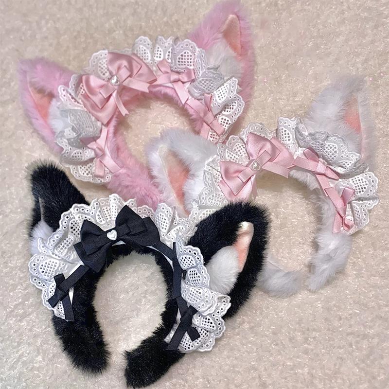 Süßes Plüsch-Ohren-Haarband Japanische Süße Spitze Schleife Lolita Stirnband Haarschmuck