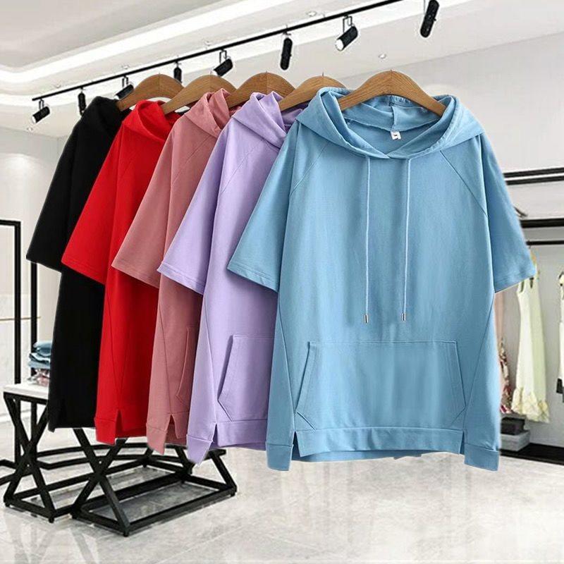 Nadměrné 4XL Volné mikiny Dámské bavlněné mikiny s kapucí Letní krátký rukáv Tenká trička Dámské ležérní pulovry Topy Svrchní oblečení
