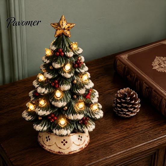 Seasonal Interior Decor Lighted Christmas Tree Decoration, Resin Tabletop Xmas with Warm LED Compact Trees Lights, Battery Operated Holiday