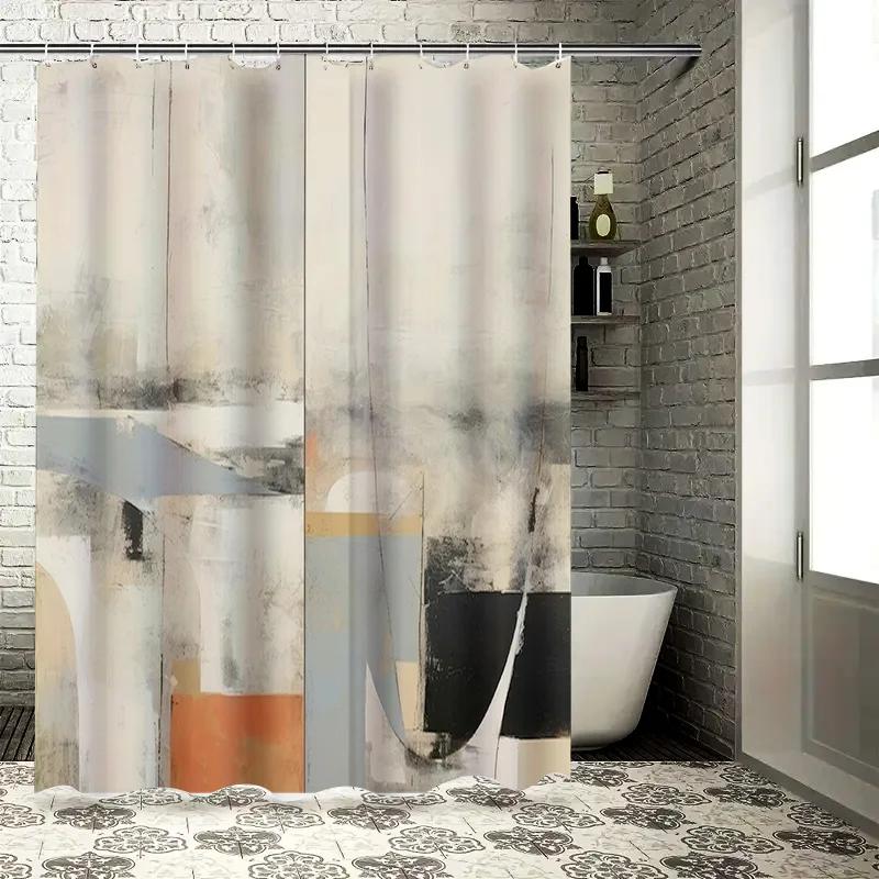 

Abstract Brushstroke Shower Curtain Blue Gold Geometric Bathroom Decor For Home Bath Tub Waterproof Shower Liner With Hook Rings W60H190(CM)-1 Pcs