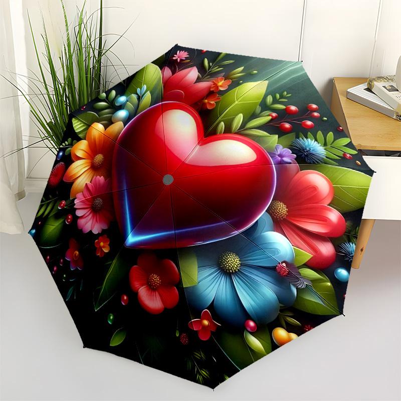 

1pc Heart Flowers Automatic Opening and Closing Folding Umbrella with 8 Iron Ribs - Portable, Foldable for Travel yy251124101