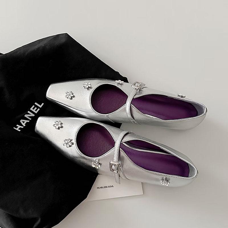 Sheepskin Version~ French Rhinestone Flower Inner Height Increase Small Square Head Light Mouth Single Shoes Women's Word with Silver Mary Jane Shoes