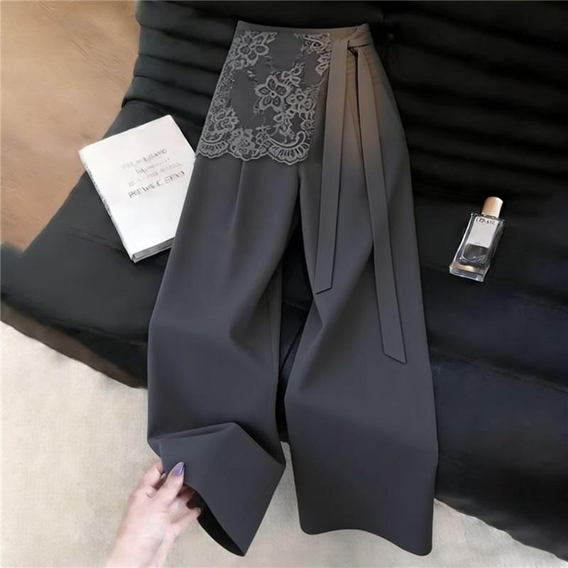 Damen High Waist Weites Bein Anzugshose Spitze Fake Zweiteiler Design Krawattenband Dekoration Locker Gerade Hose Elegante Büro Stoffhose