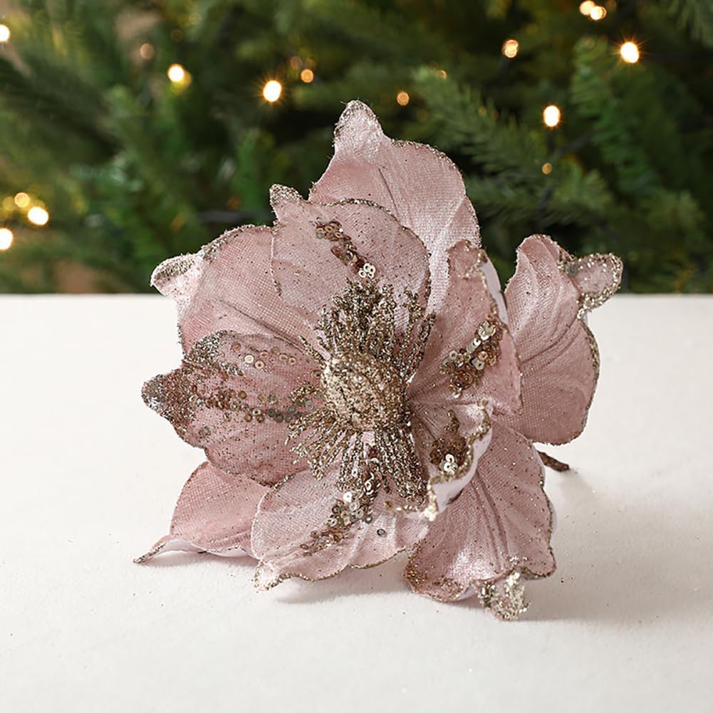 

1 шт. Пуансеттия Искусственные цветы Рождественские украшения Бархатные Блестящие Цветы Магнолии для Рождества Нового года Вечеринки Свадьбы Праздничные DIY Украшения, 6 розовый