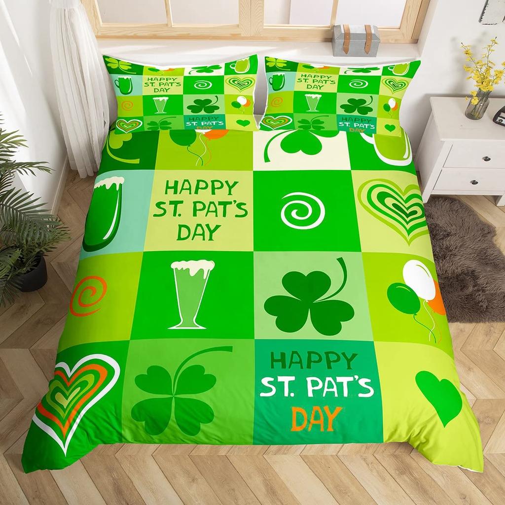 St. Patrick's Day Duvet Cover Cute Cats Rainbow Bedding Set Retro Lucky Clover Polyester Quilt Cover Cute Animal Comforter Cover